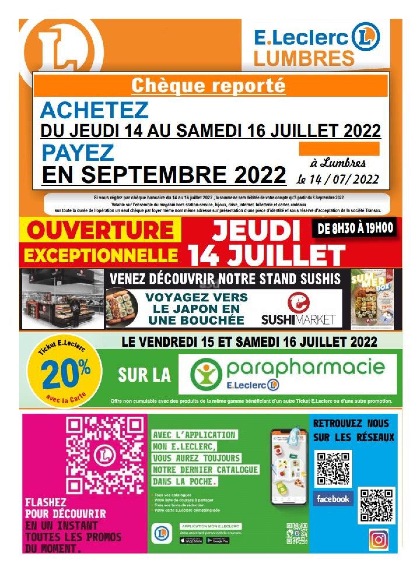 E. LECLERC Cheque reporte achetez du jeudi 14 au samedi 16 juillet 2022 payez en septembre 2022